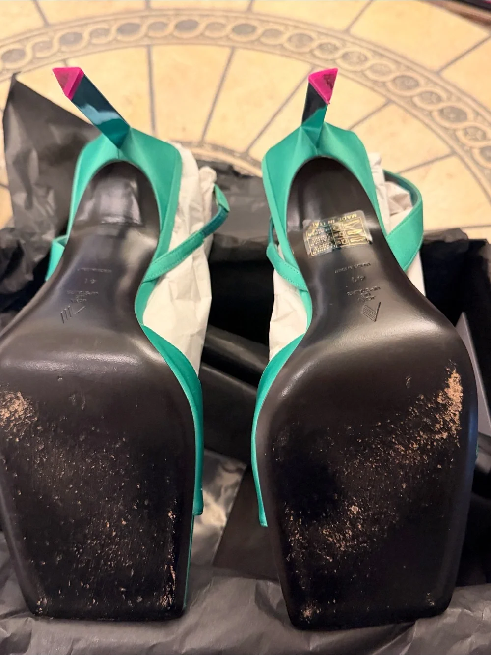 The Attico Teal Satin Slingback Heels